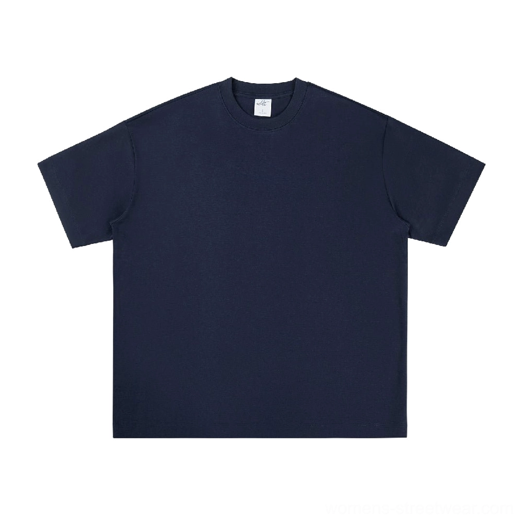 Navy blue heavyweight silk-finish oversized cotton streetwear T-shirt front flat lay