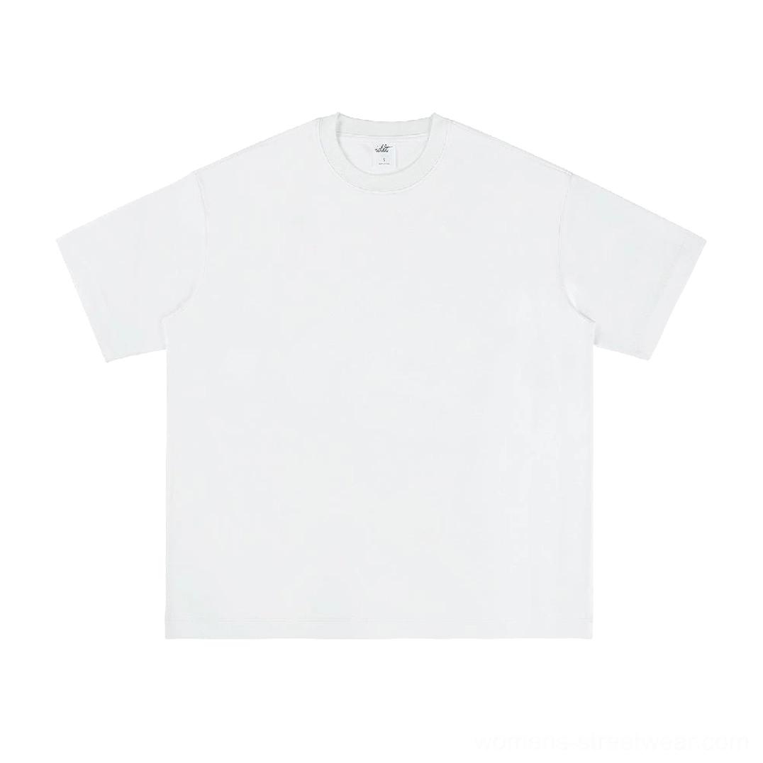 White heavyweight silk-finish oversized cotton crew neck streetwear tee front flat lay