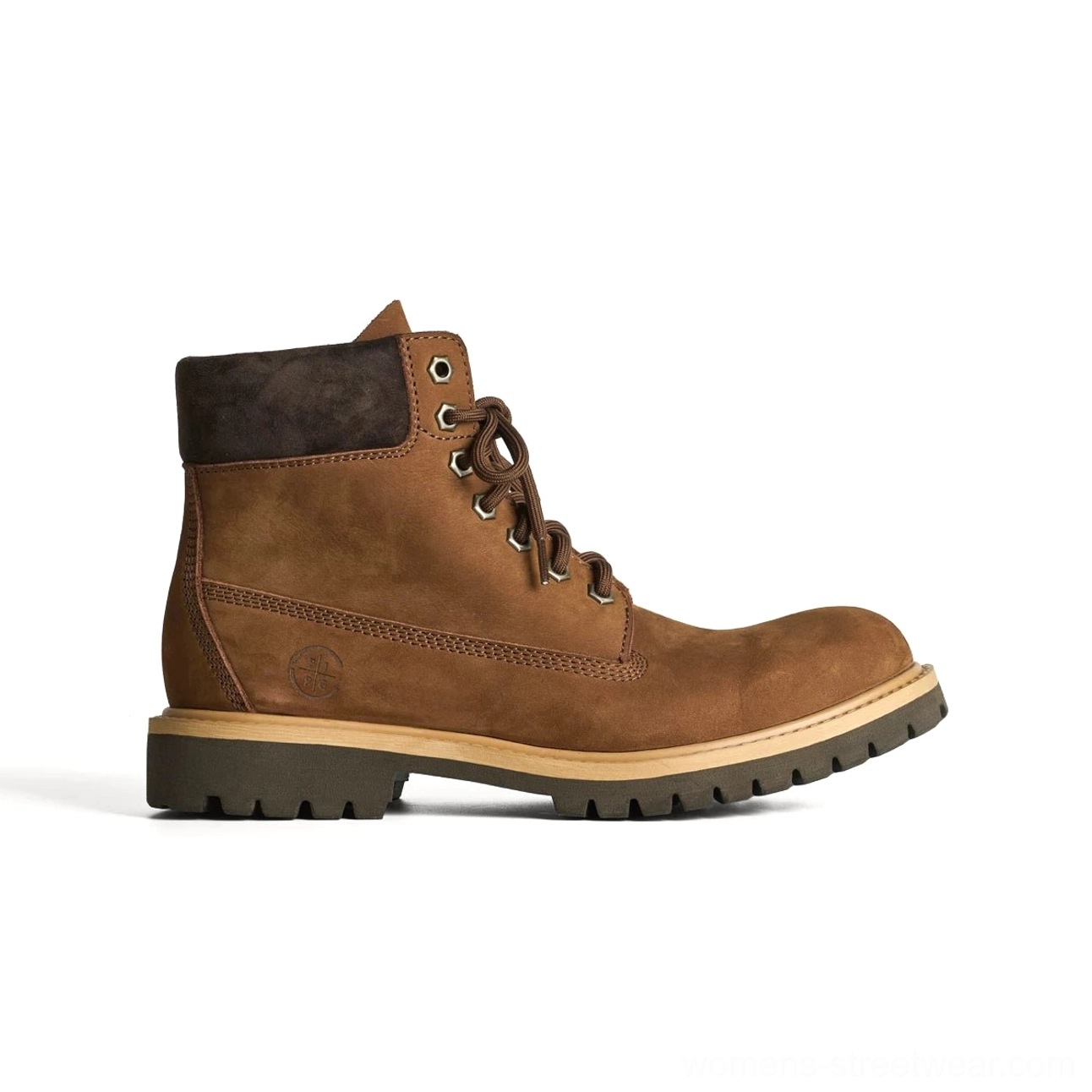 Dark brown heritage lace-up work boot side profile with padded suede collar embossed heel detail and rubber lug sole