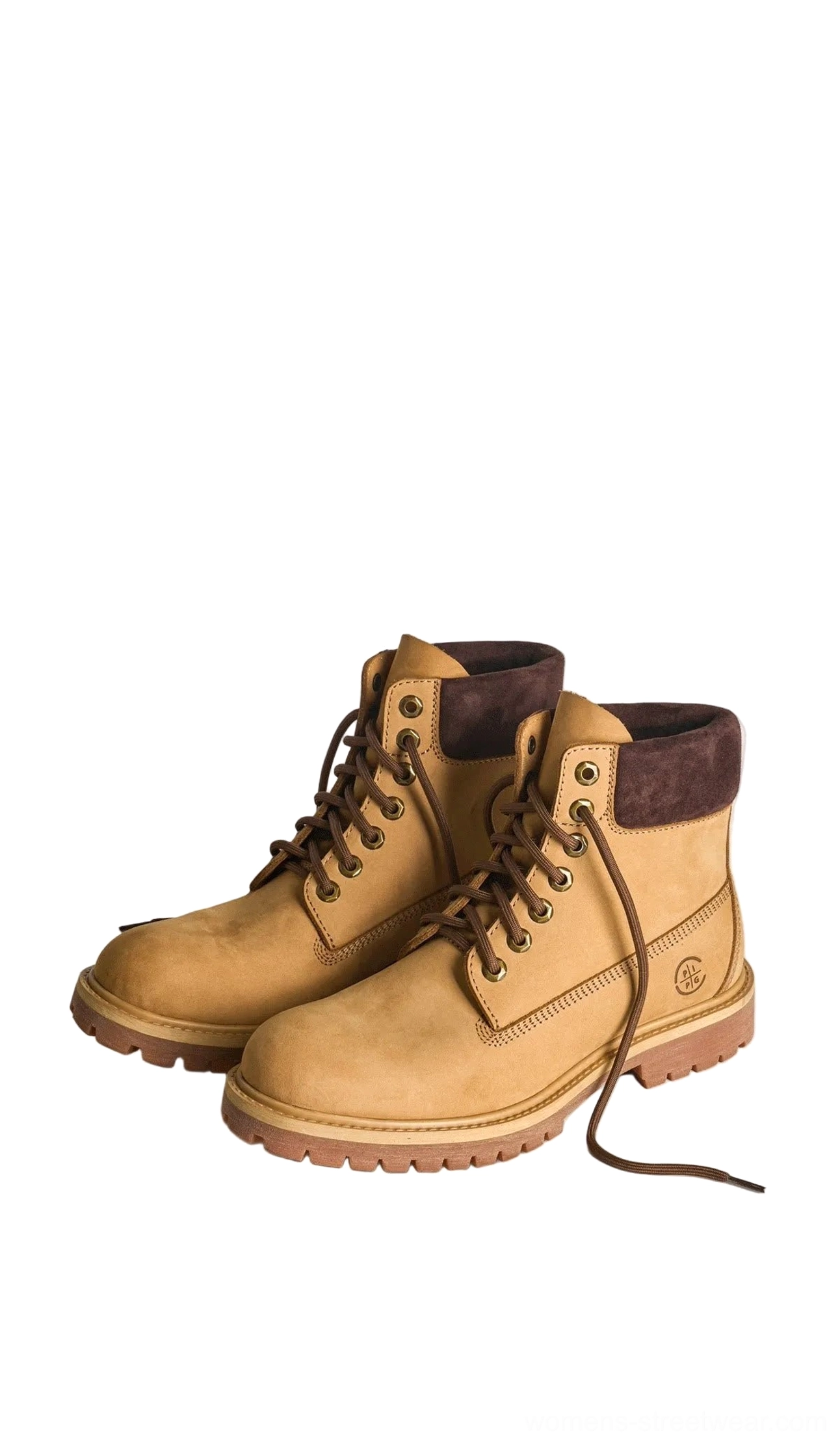 Wheat tan heritage leather work boots with dark brown padded collar and rugged lug outsole front overhead view