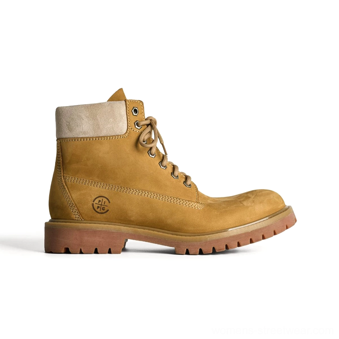 Yellow wheat tan classic leather work boot side profile with matching padded collar and heavy rubber outsole