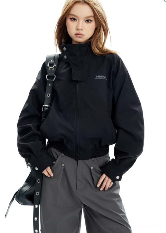 High-collar cropped bomber jacket product styling for contemporary Korean streetwear and casual layered outfits