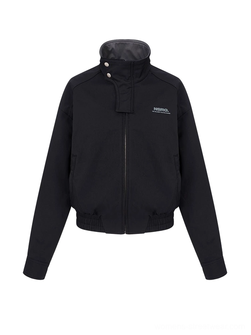 High-collar cropped bomber jacket fashion product image showcasing a relaxed boxy shape and modern Korean streetwear aesthetic