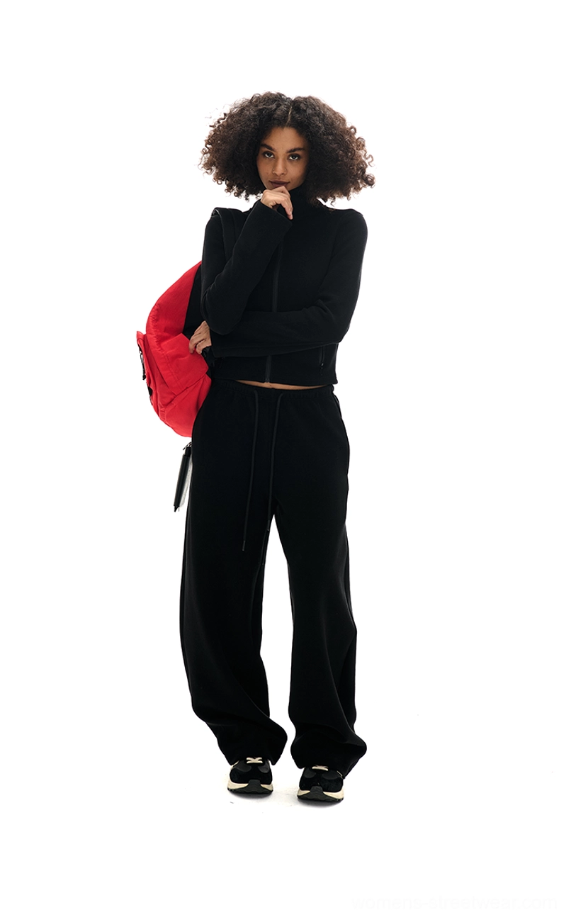 High neck front zipper cropped sweatshirt with matching drawstring waist sweatpants streetwear set