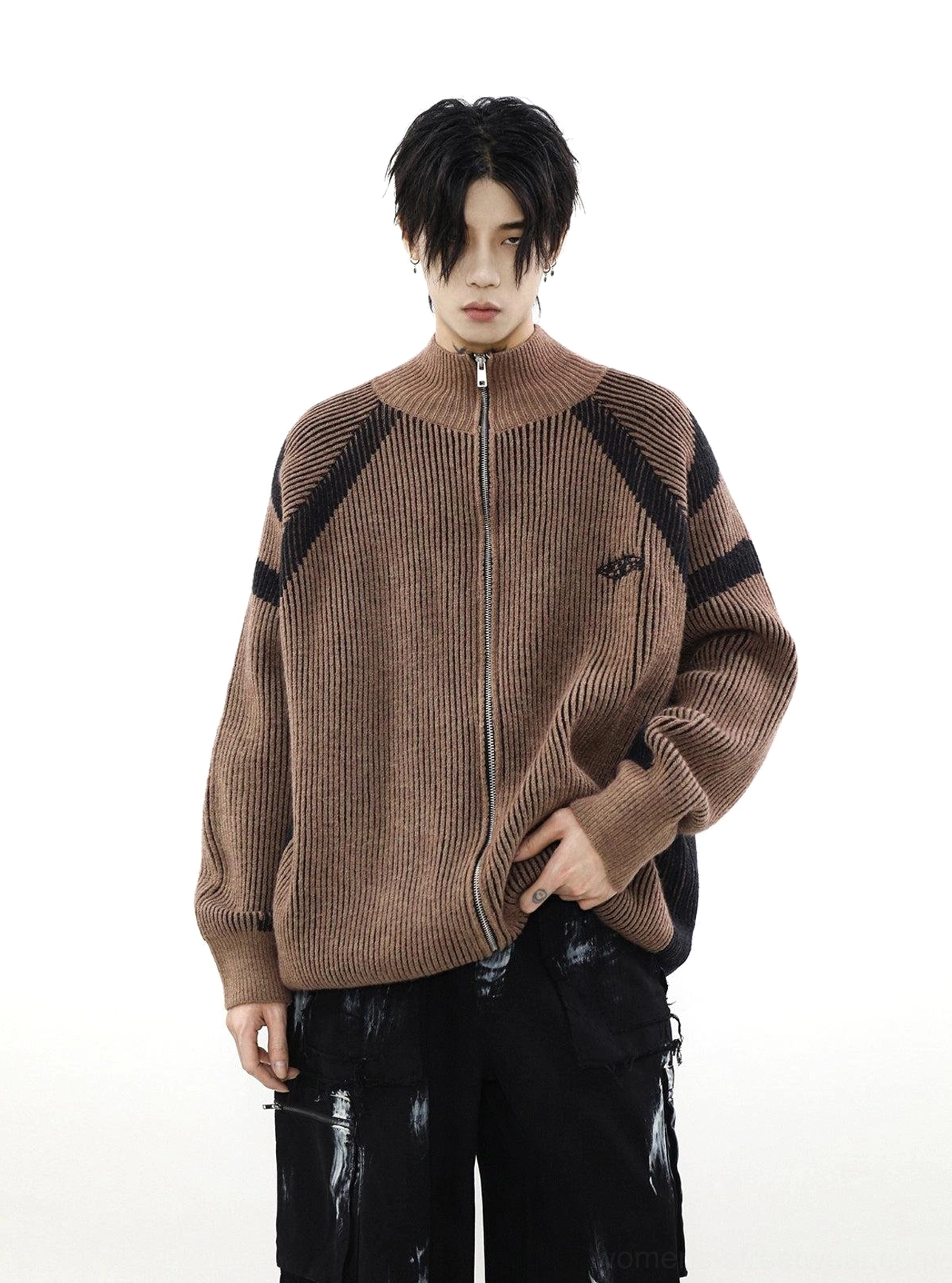 High-neck oversized knit cardigan with full zipper, ribbed construction, contrast shoulder stripes, and casual layered styling