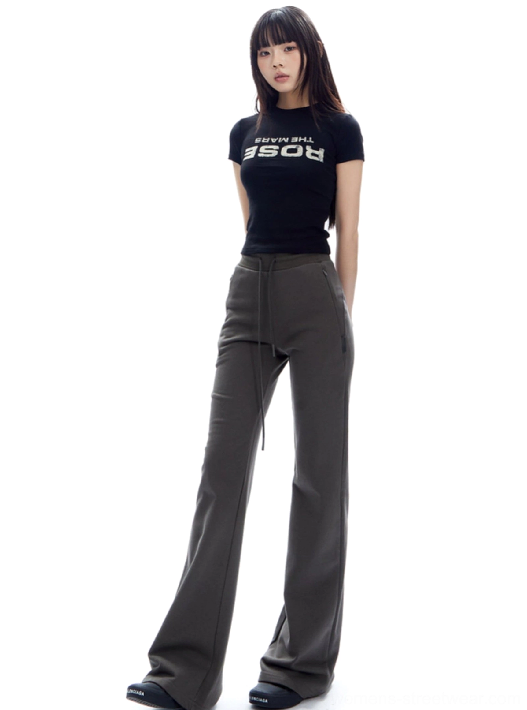 High-waist drawstring flared sweatpants product detail image showing the casual streetwear construction and adjustable waist