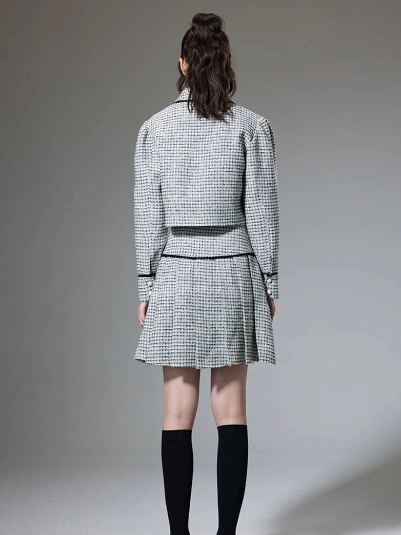 High waist pleated mini skirt and cropped jacket set with black contrast braid trim for women