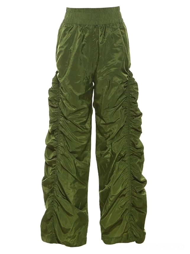 High-waist ruched wide-leg streetwear pants featuring a relaxed cargo-inspired fit and contemporary Korean fashion aesthetic