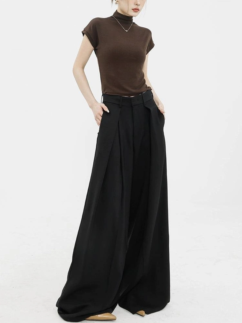 Black high-waist wide-leg palazzo streetwear pants styled with brown turtleneck in front full-body view