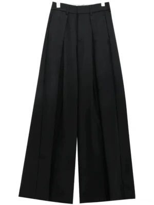 Black high-waist wide-leg palazzo streetwear pants flat lay showing pleated front and full-length cut
