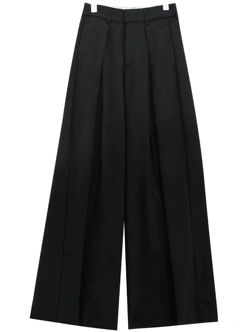 Black high-waist wide-leg palazzo streetwear pants flat lay showing pleated front and full-length cut