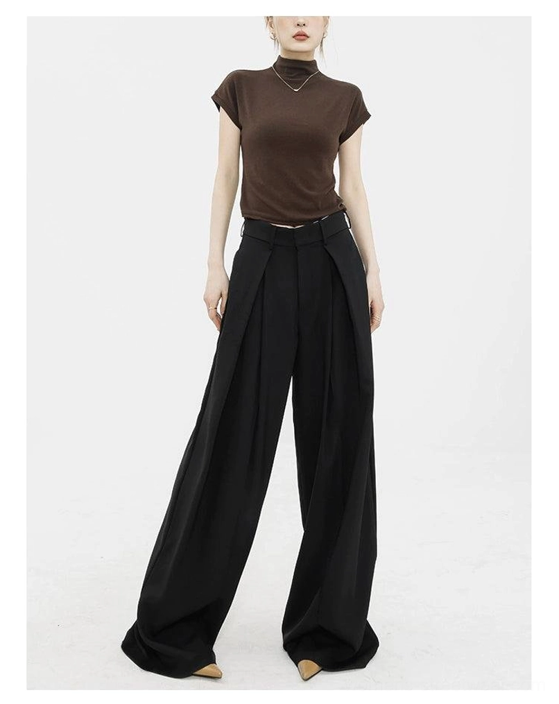 Black pleated wide-leg palazzo streetwear pants front view with tailored high-rise waist