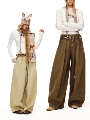 High-waisted cotton twill ultra wide-leg streetwear trousers in khaki and coffee brown shown in front and side studio looks
