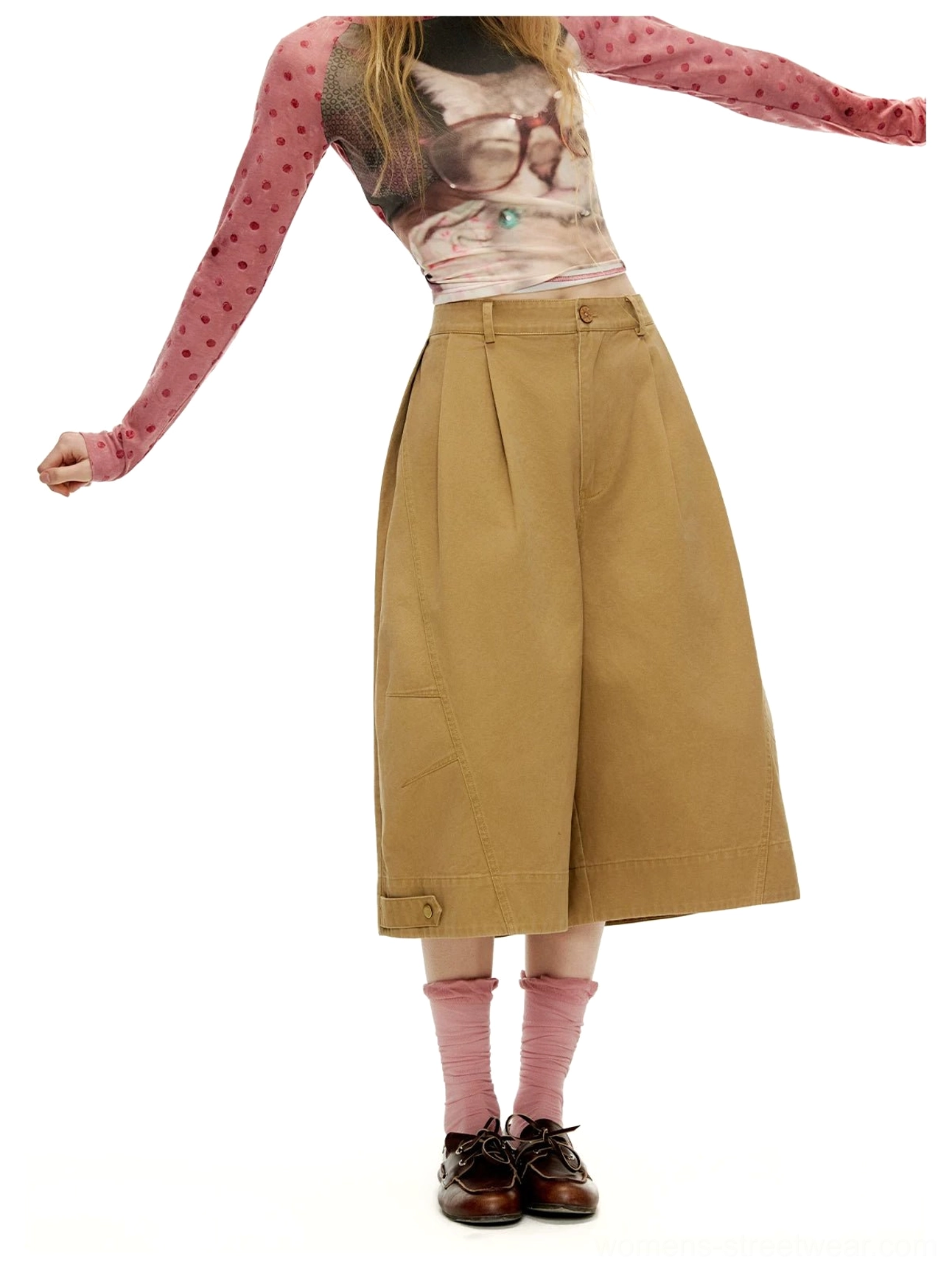 Back three-quarter view of Cookie Brown wide sailor culottes showing oversized relaxed cropped silhouette