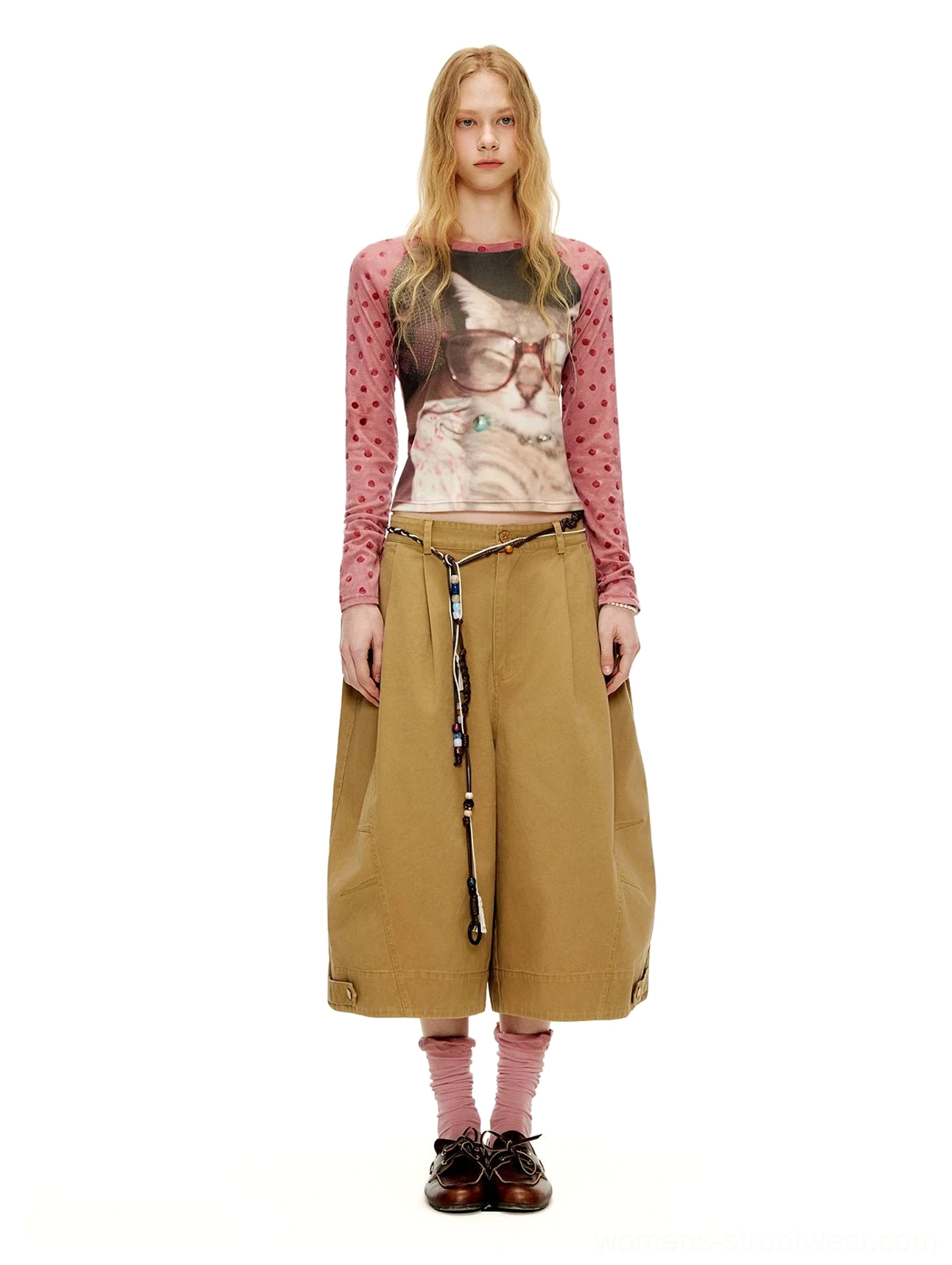 Cookie Brown pleated wide sailor culottes front full-body styling with graphic cat top, socks, and casual shoes