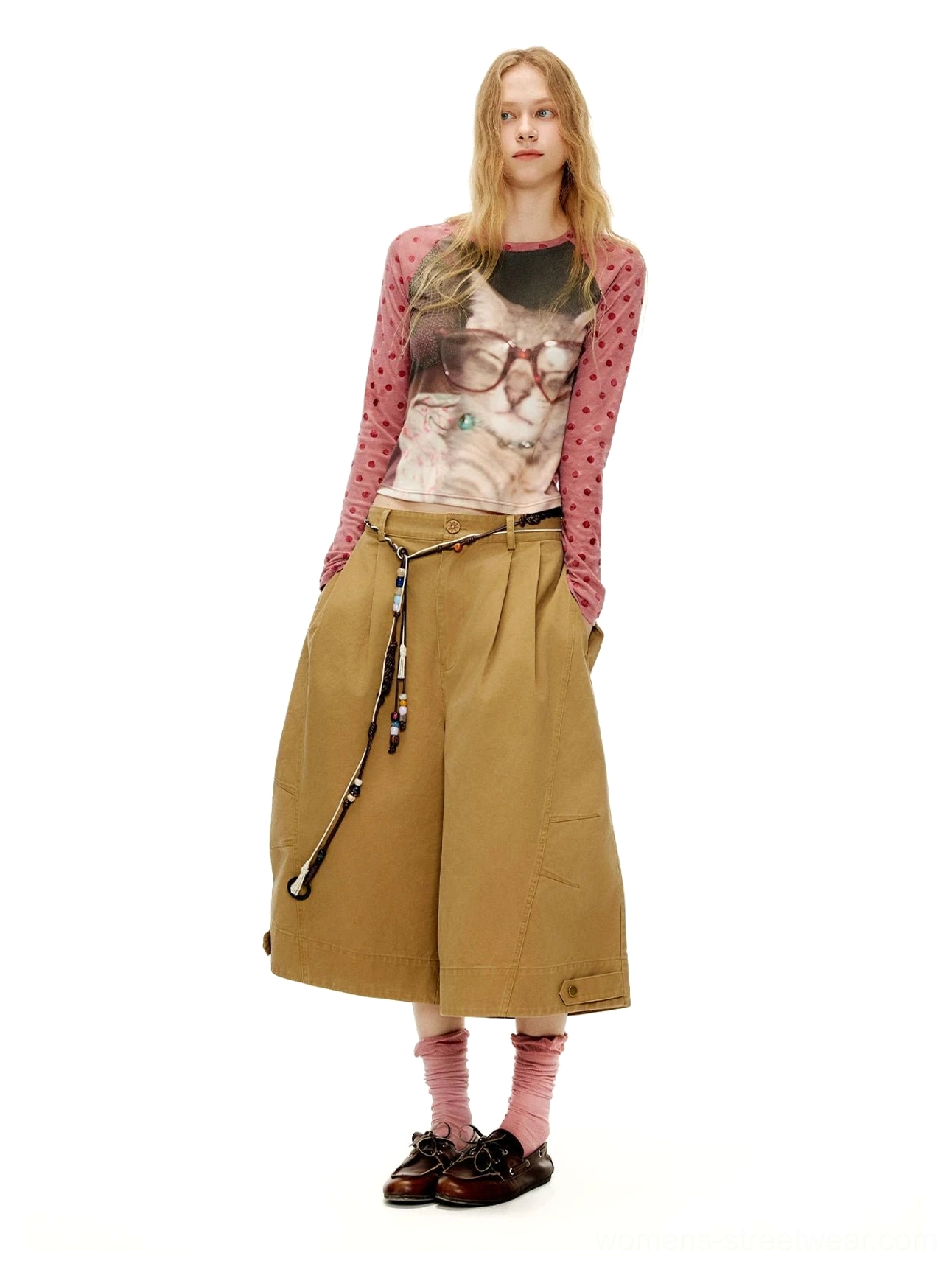 Cookie Brown high-waisted wide sailor culottes full outfit with cat graphic top and beaded waist belt