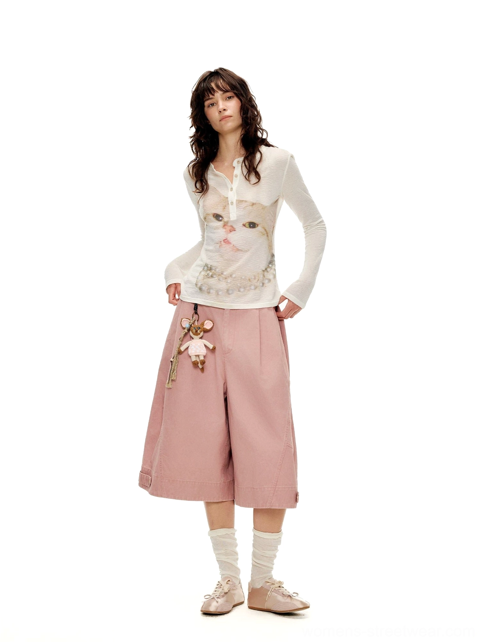 Dried Roses pink wide sailor culottes styled with a cat print top and loafers for playful Korean streetwear