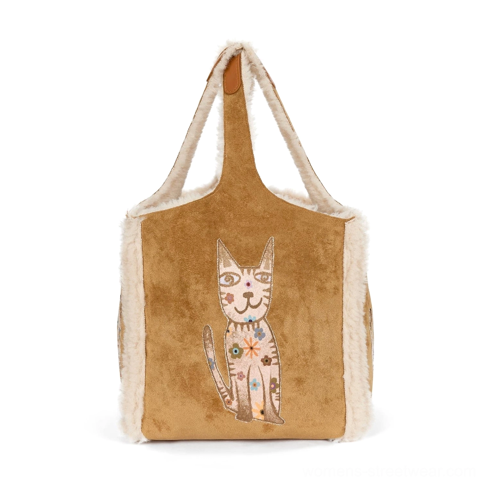 Front close up of honey brown embroidered kitty faux shearling mini tote bag with floral cat motif and drawstring lining