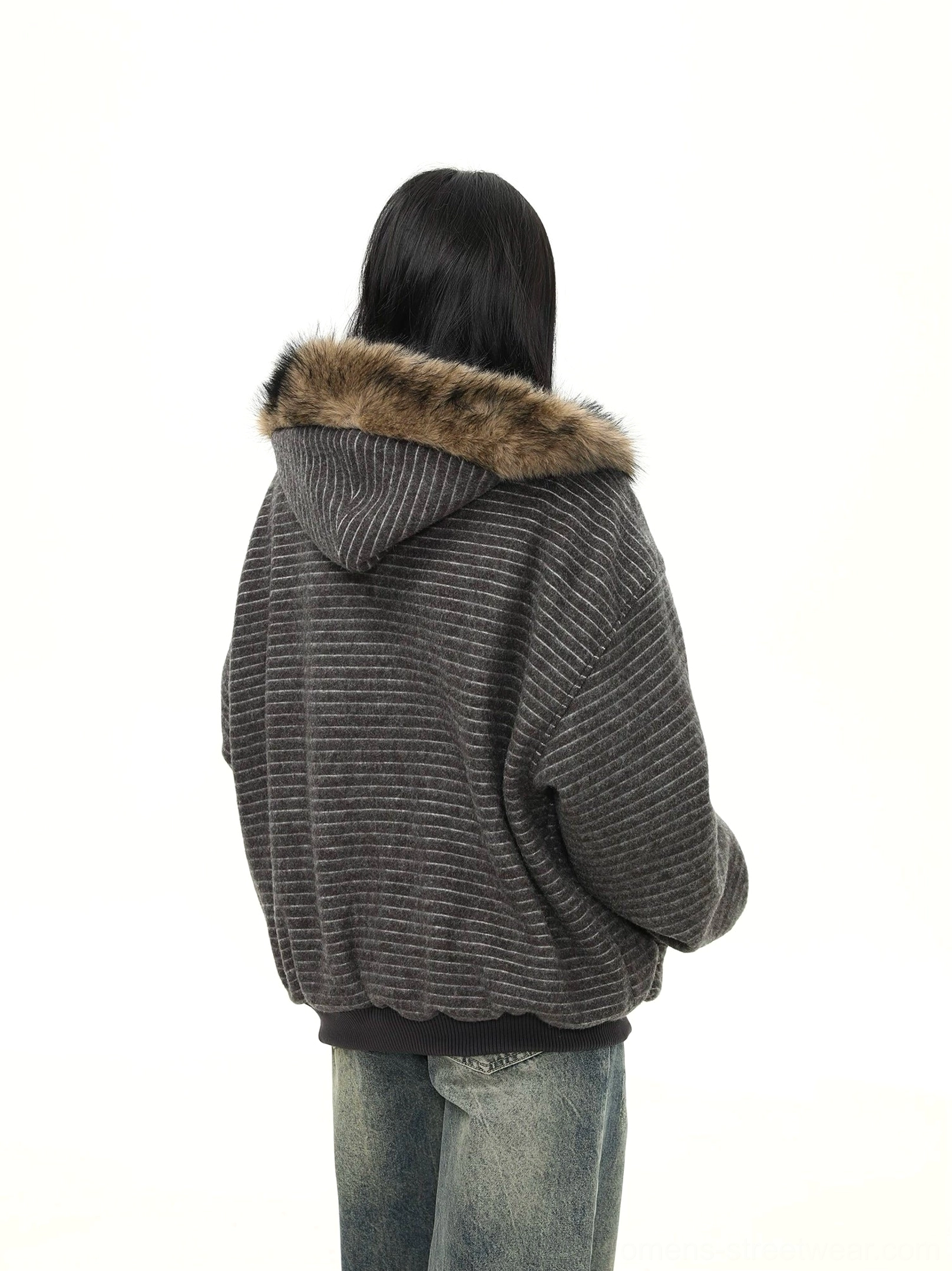 Fashion streetwear jacket featuring horizontal stripes a full zip front ribbed hem and faux fur hood trim
