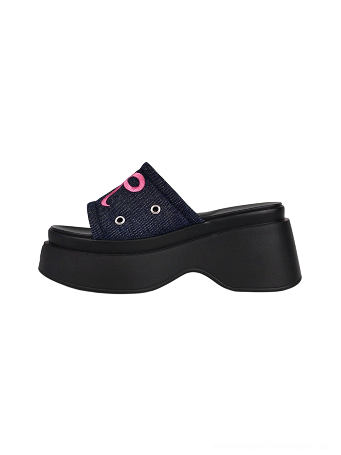 Hot pink and black bow-detail platform slide sandals presented in a fashion product display