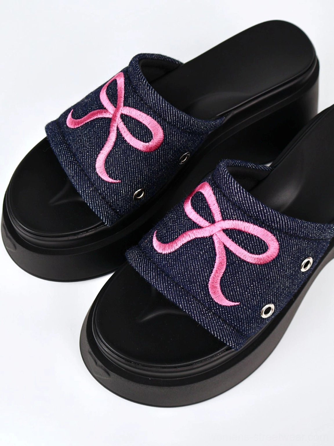 Hot pink bow platform slide sandals designed for Korean streetwear, Y2K outfits, and playful summer styling