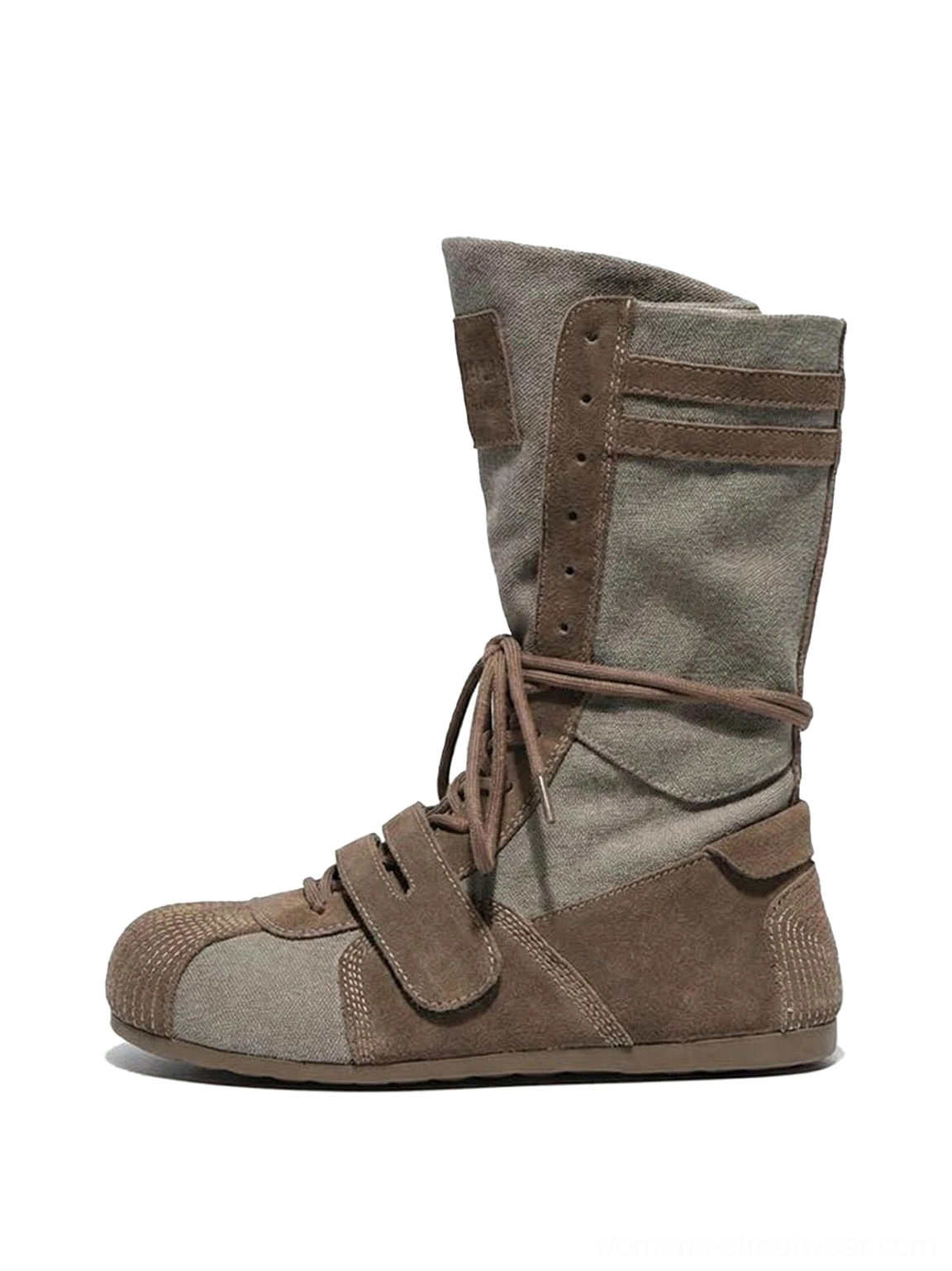 Side view of mid-calf hybrid boxing trainer boots with two-tone brown and gray textured panels, lace-up front, and hook-and-loop strap on a white background