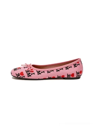 Pink I Love Me print round-toe ballet flats with petite bow detail shown in side profile