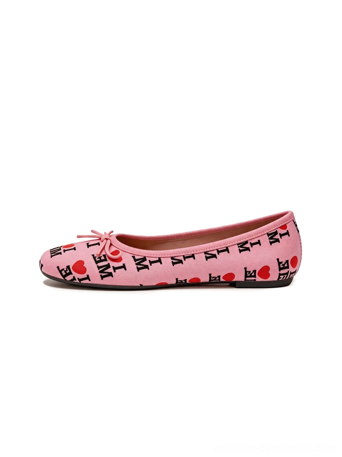 Pink I Love Me print round-toe ballet flats with petite bow detail shown in side profile