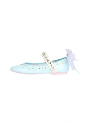 Ice-blue crystal-trim Mary Jane flats with pointed toe, sparkling strap, pastel heel bow, and pink rubber outsole shown in a front flat-lay view