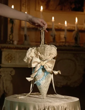 Ice blue lace bow cone drawstring handbag with pearl handle held in a candlelit vintage interior