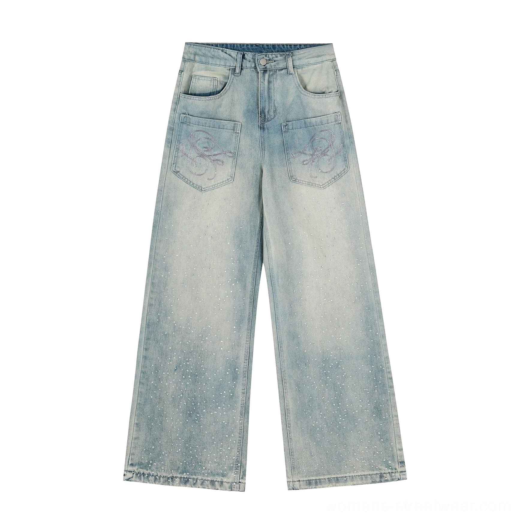 Flat lay of ice-blue acid-wash wide-leg jeans showing embroidered script front pockets, subtle rhinestone flecks, classic jean hardware, and oversized silhouette