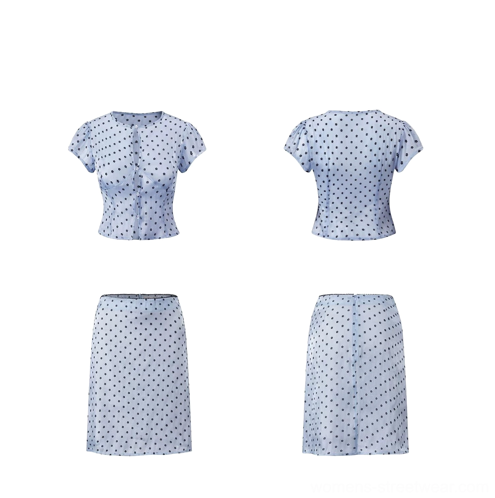 Flat lay of icy blue sheer polka dot crop blouse and matching skirt showing front and back product views
