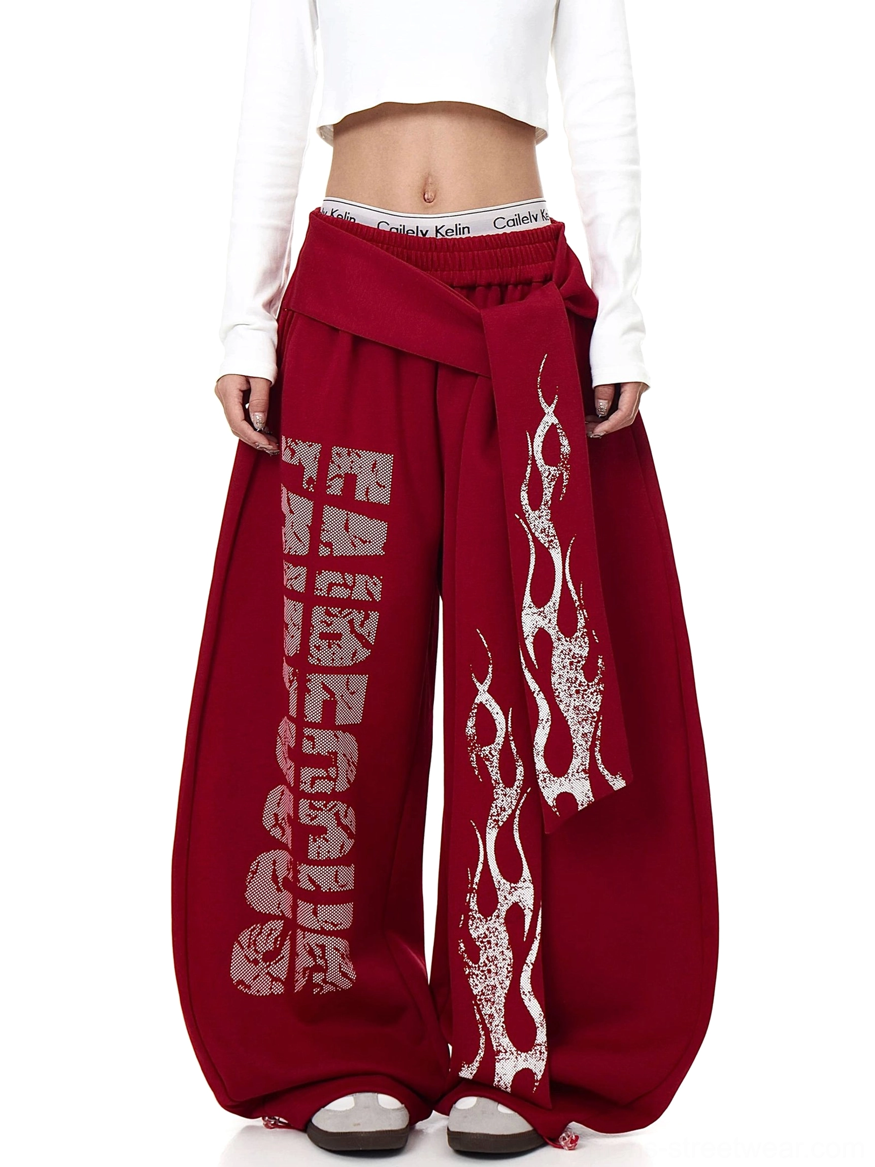 Burgundy red inferno wrap wide-leg fleece streetwear sweatpants front full-body view with distressed flame graphics