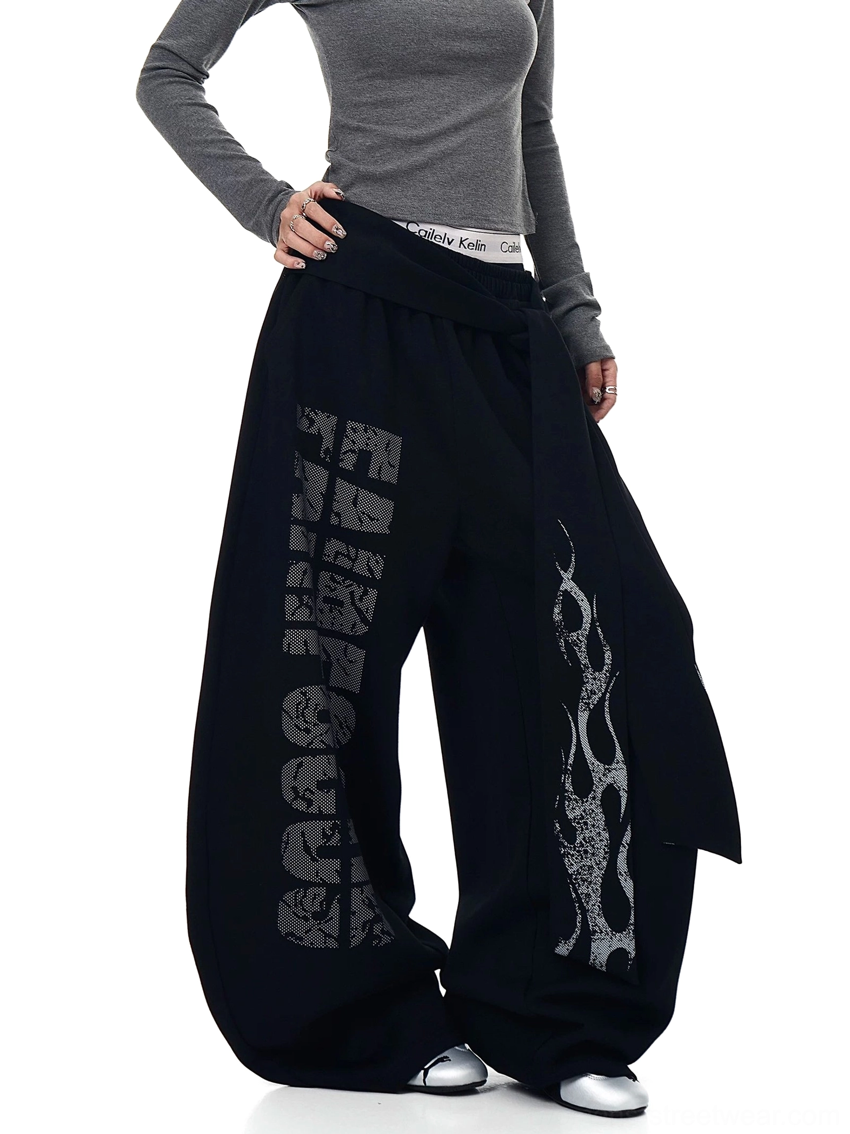 Dark gray inferno wrap wide-leg fleece streetwear sweatpants front view with flame print and asymmetric waist sash