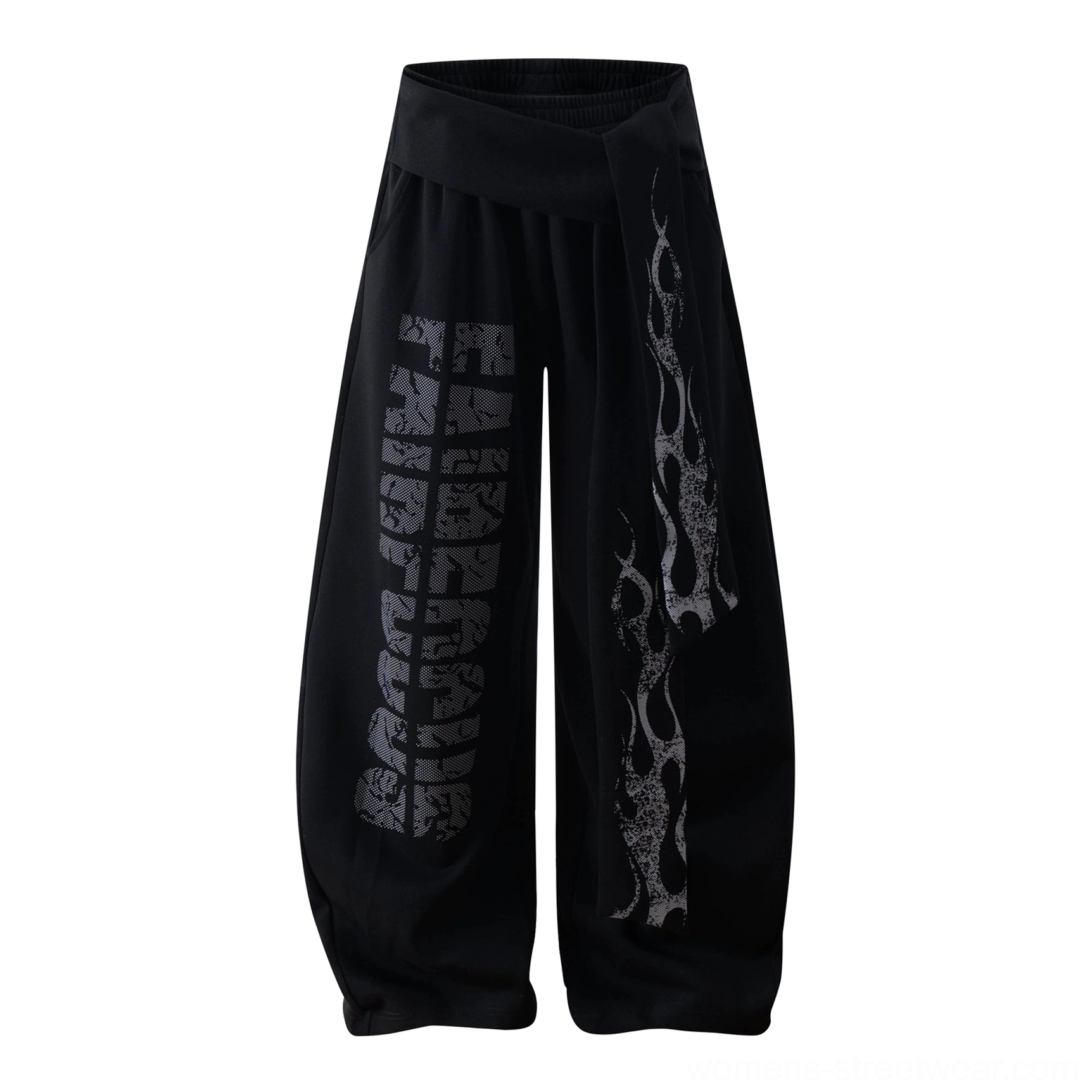 Inferno wrap wide-leg fleece streetwear sweatpants close-up showing distressed flame print and soft fleece fabric