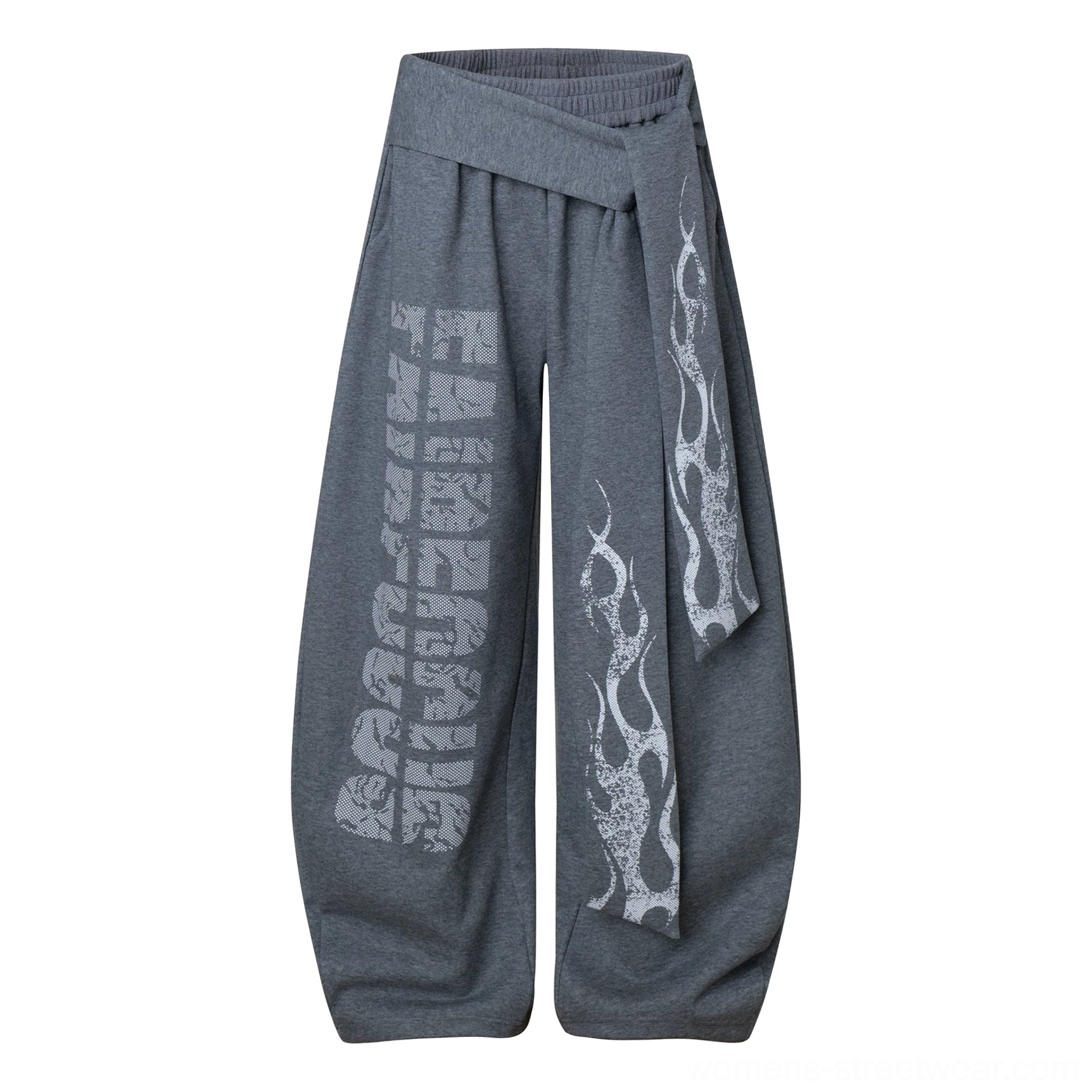 Inferno wrap wide-leg fleece streetwear sweatpants product detail showing layered elastic waistband and wrap sash