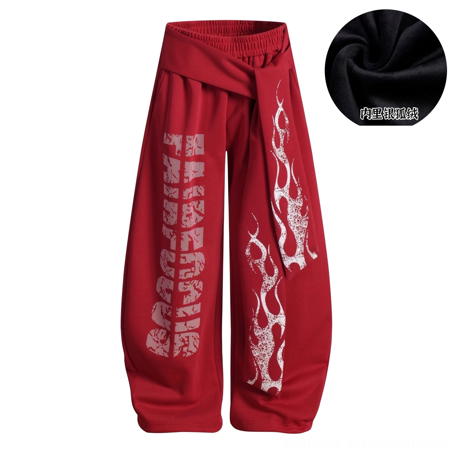 Red inferno wrap wide-leg fleece streetwear sweatpants alternate color product view with distressed flame graphics