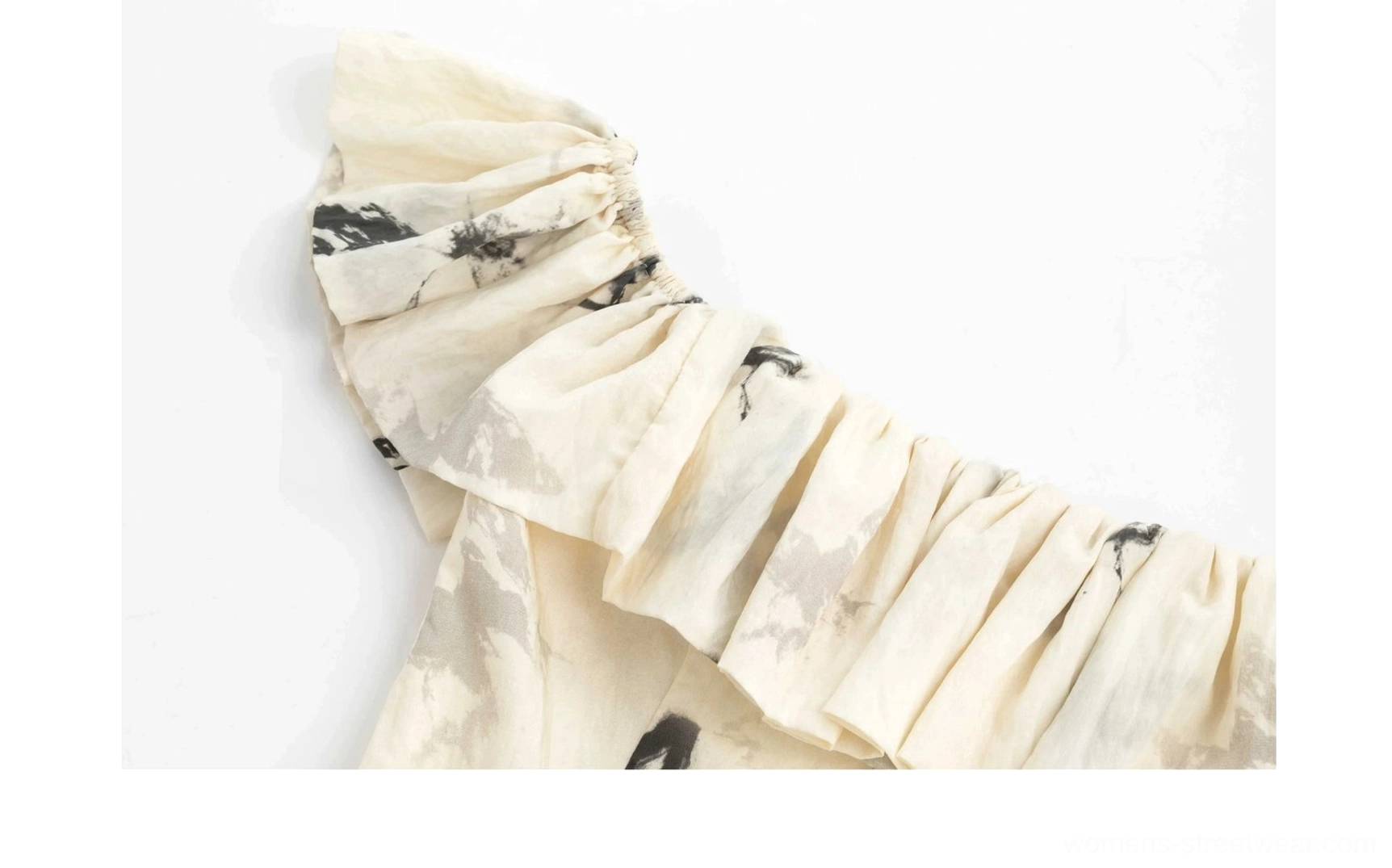 Gathered ruffle neckline detail of the ink butterfly off-shoulder dress