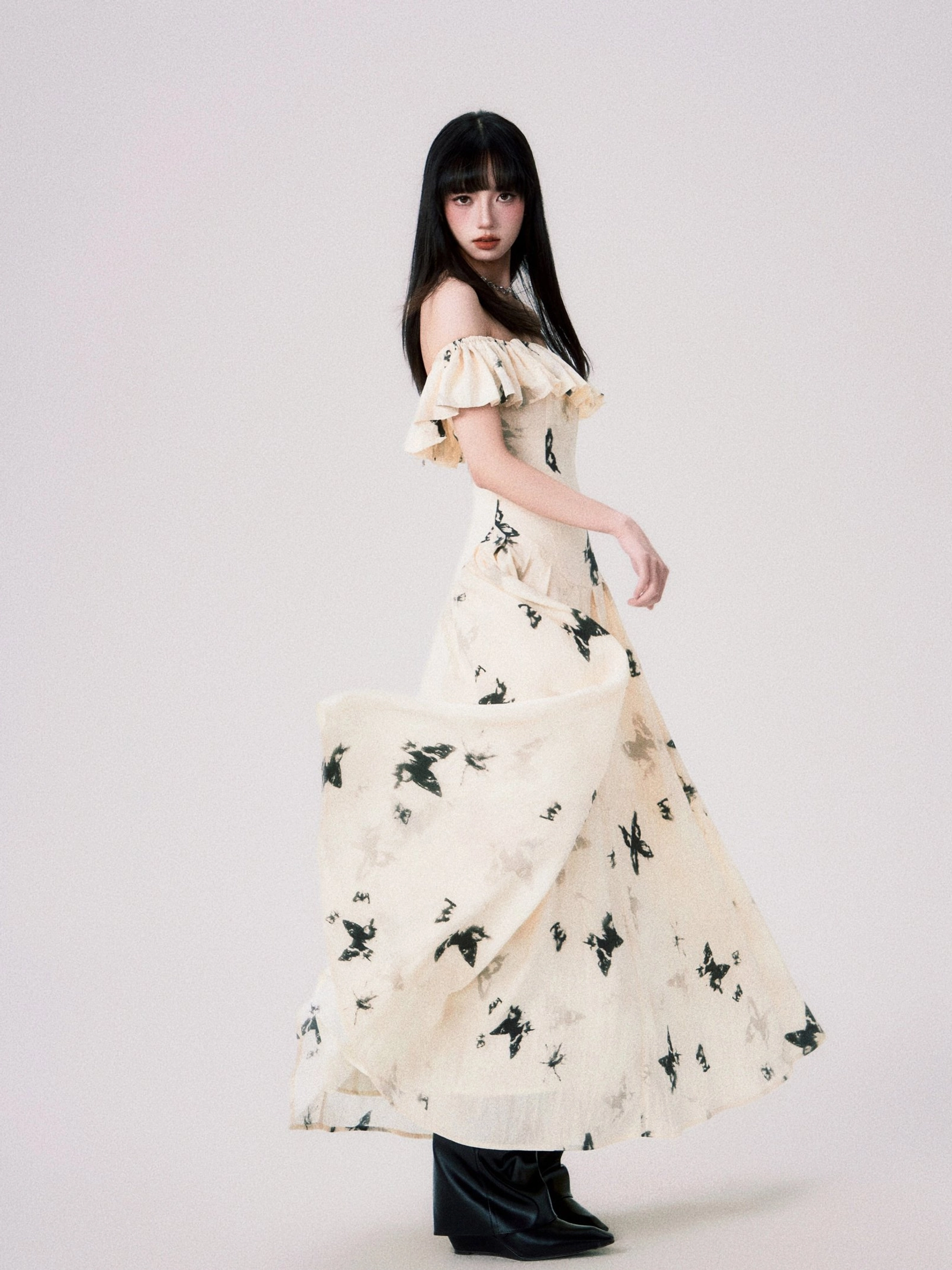Ink butterfly off-shoulder ruffle dress elegant mini or maxi style view