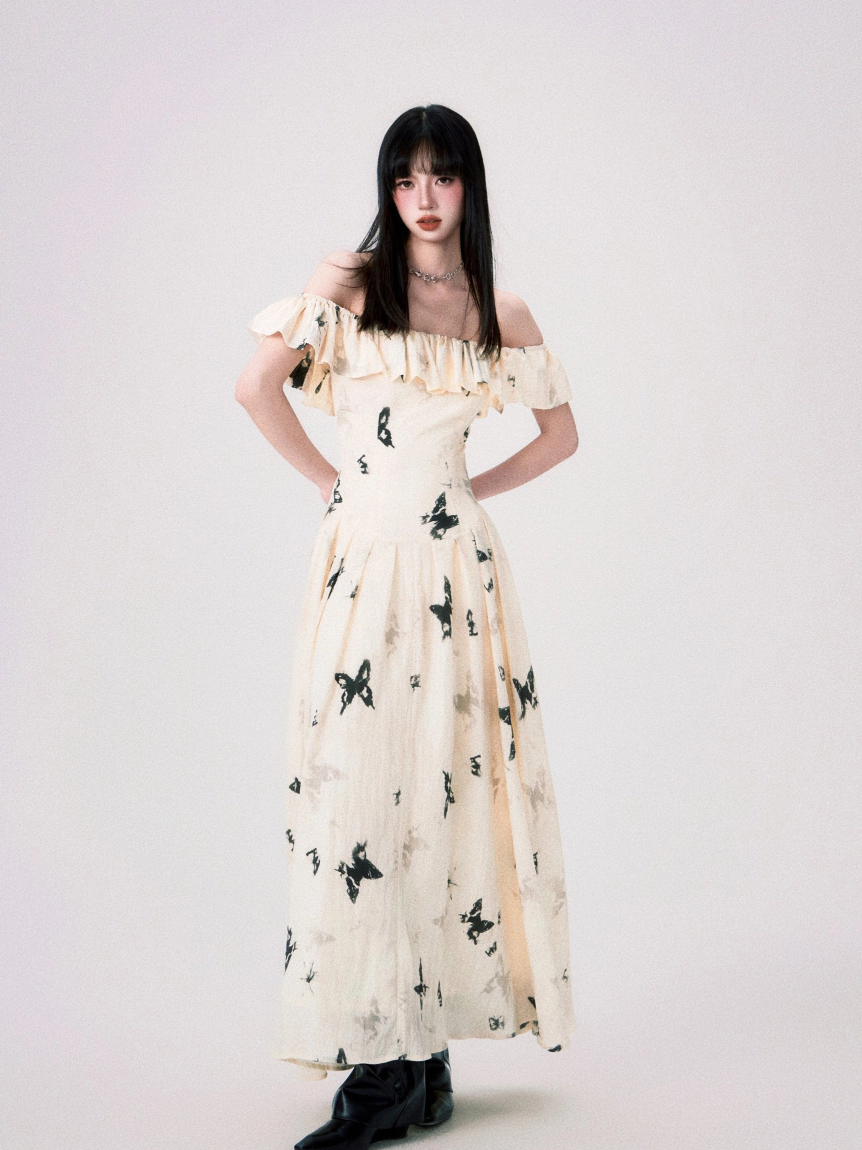 Ink butterfly off-shoulder ruffle dress fashion product detail view
