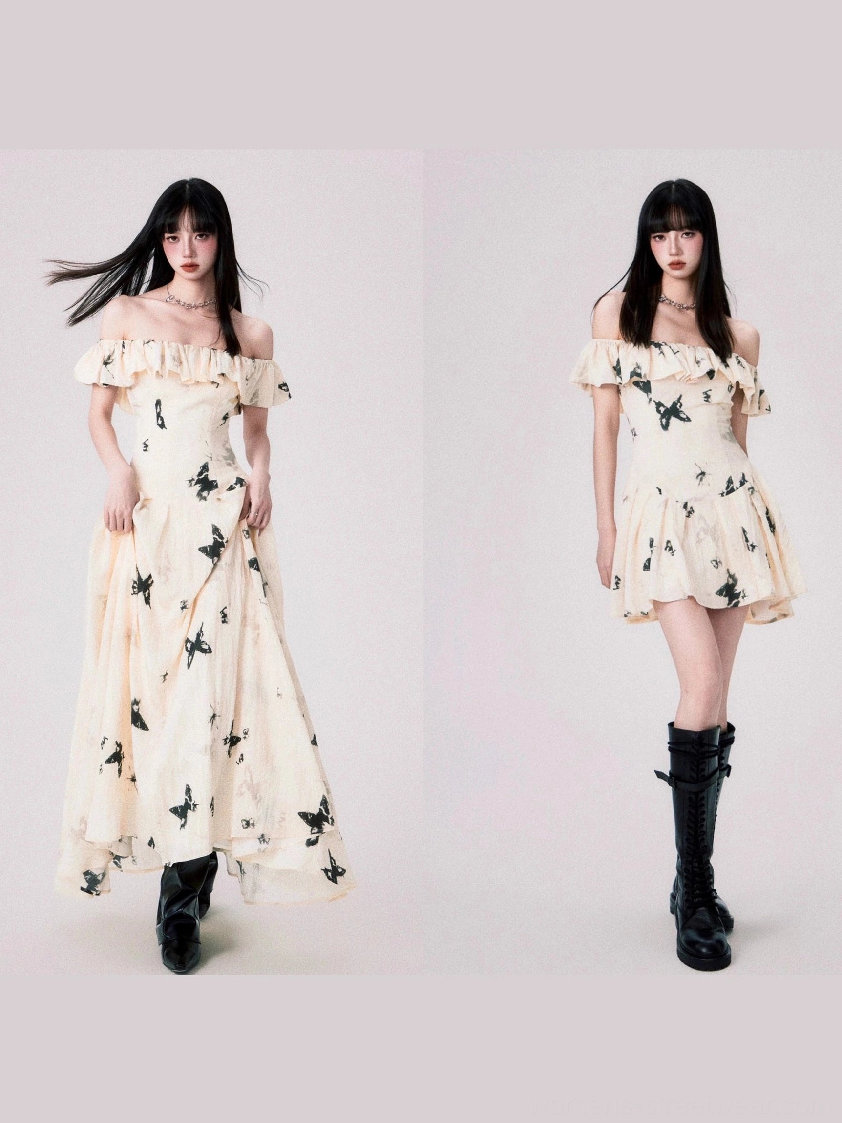 Ink butterfly off-shoulder ruffle dress shown in mini and maxi lengths with black biker boots