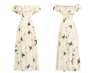 Long maxi ink butterfly off-shoulder ruffle dress front and back flat lay on white background