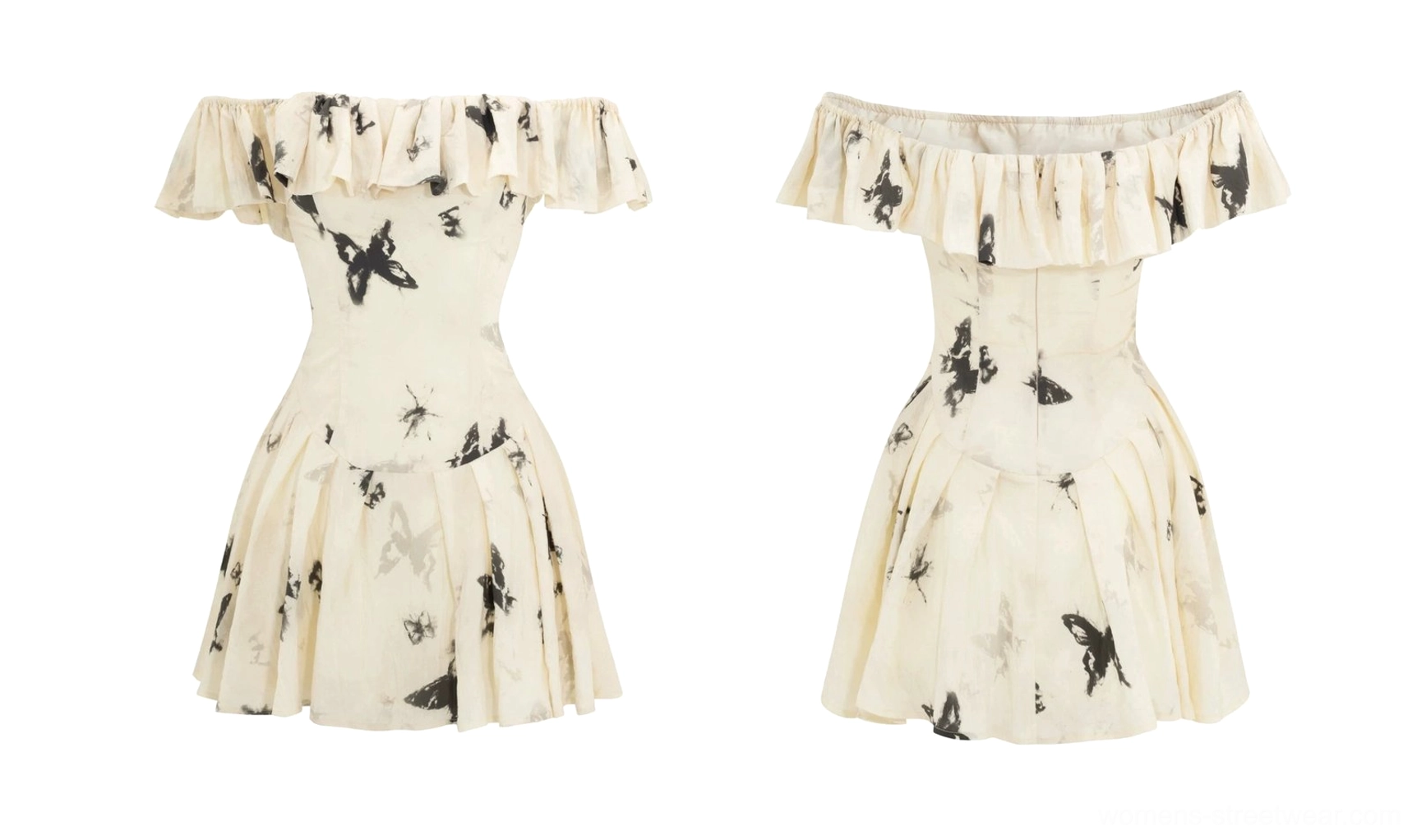 Short mini ink butterfly off-shoulder ruffle dress front and back flat lay product view