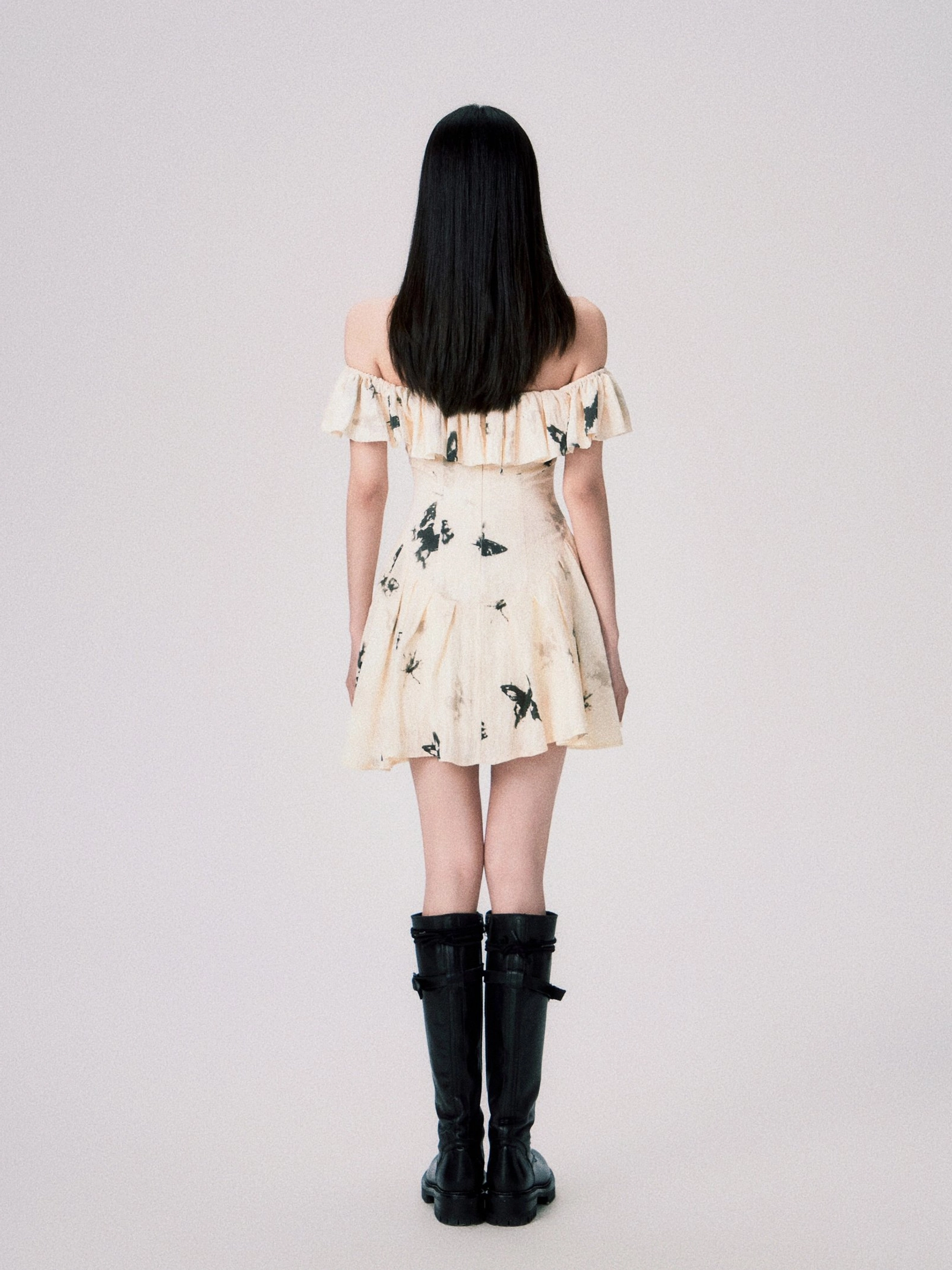 Ink butterfly off-shoulder ruffle mini and maxi dress collection view