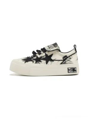 Black and white ink wash bamboo star platform canvas sneakers shown from the left side on a white background with printed artwork and lace-up low-top design