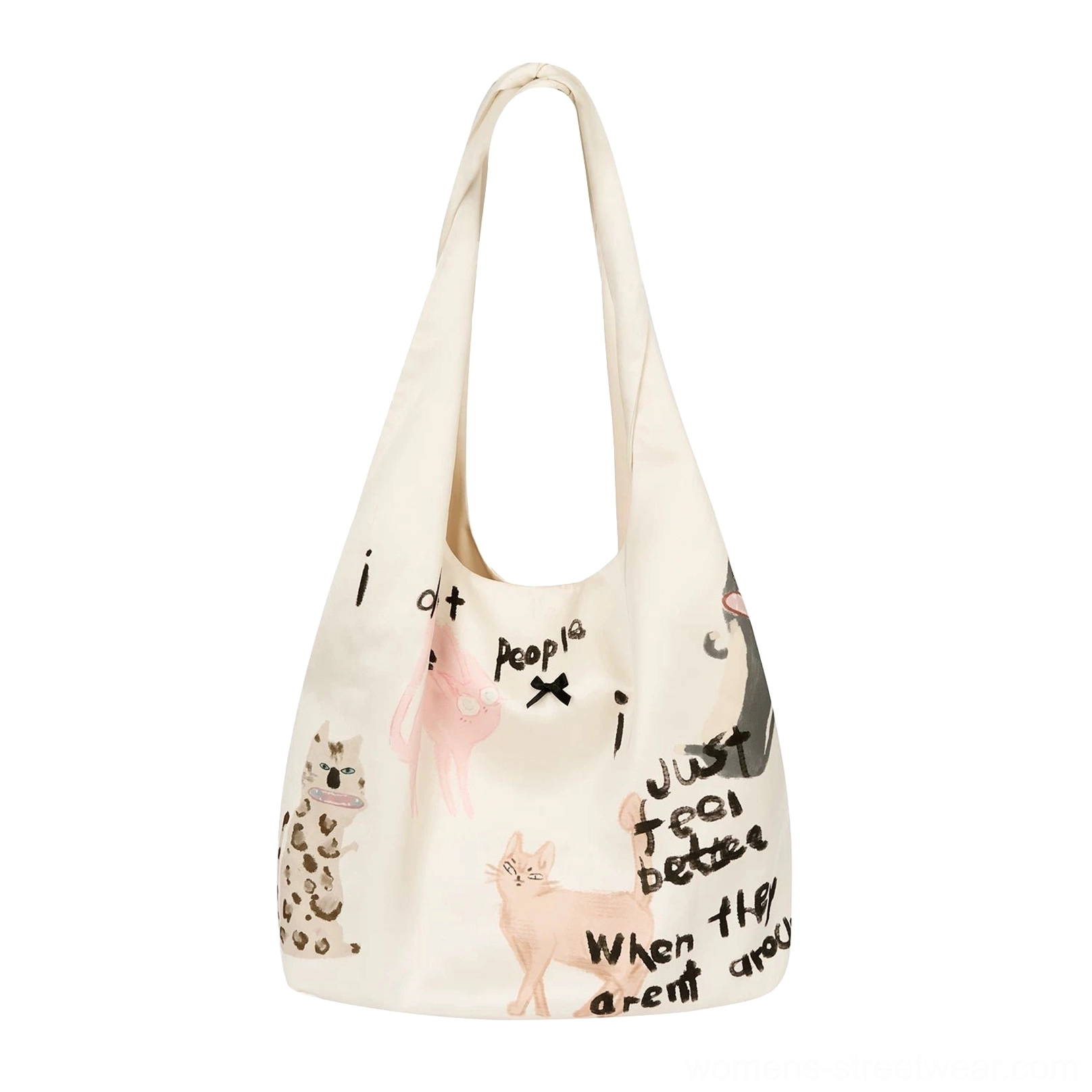 Introvert cat doodle hobo tote bag in off-white with whimsical kitten illustrations, handwritten slogans, leopard accents, and a soft slouchy silhouette