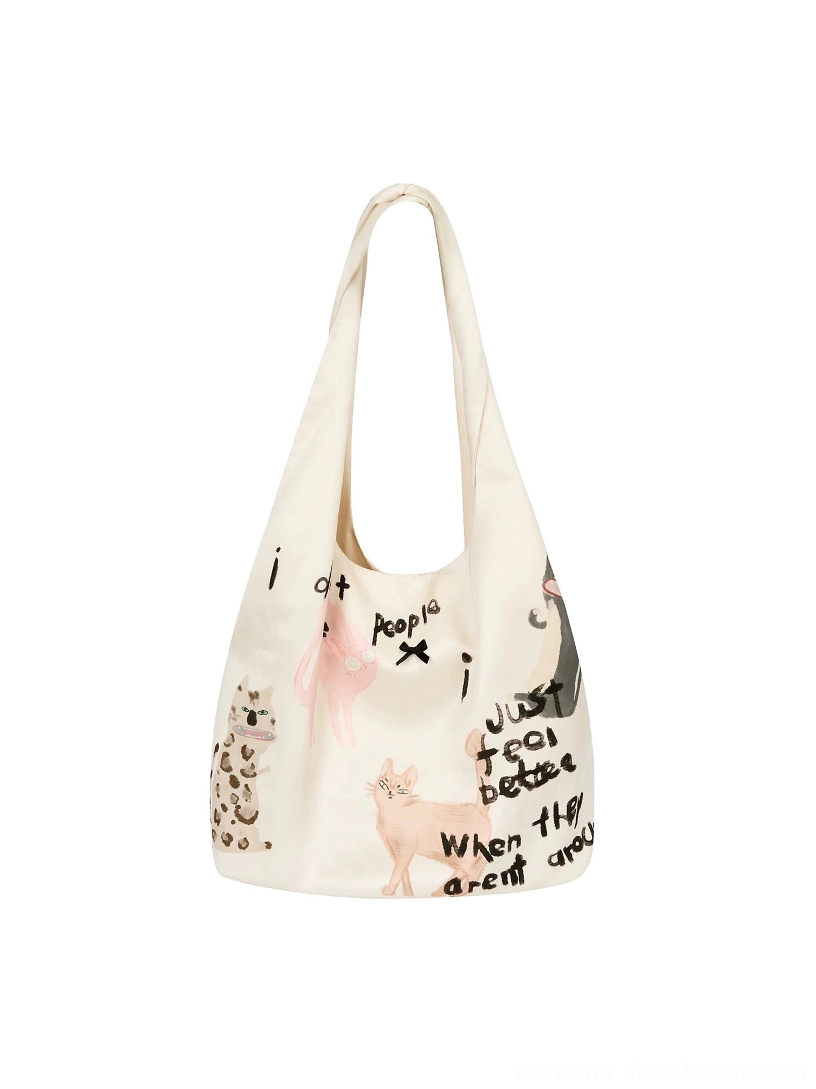 Off-white cat doodle hobo tote bag shown flat with handwritten slogan graphics, cartoon kitten illustrations, leopard print accents, and a wide shoulder strap