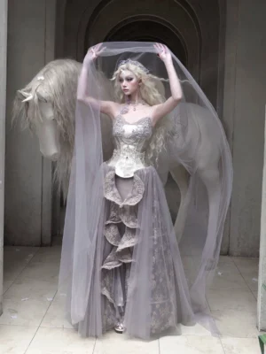 Iridescent lilac mermaid gown styled with a flowing sheer veil and layered ruffled tulle skirt in a fantasy editorial setting