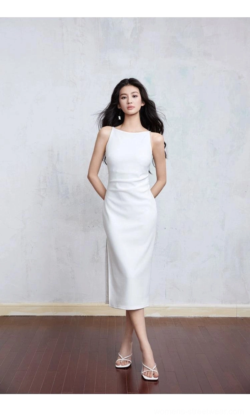 Ivory boat neck bodycon midi dress with side slit and fitted silhouette styled with nude strappy sandals