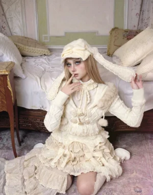 Ivory cable knit hooded cardigan outfit with fur trim, pom-pom details, tie-up neckline, and tiered ruffle skirt